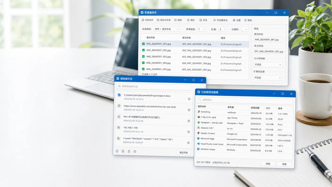 WinTools 文件重命名、剪贴板历史和程序管理工具界面